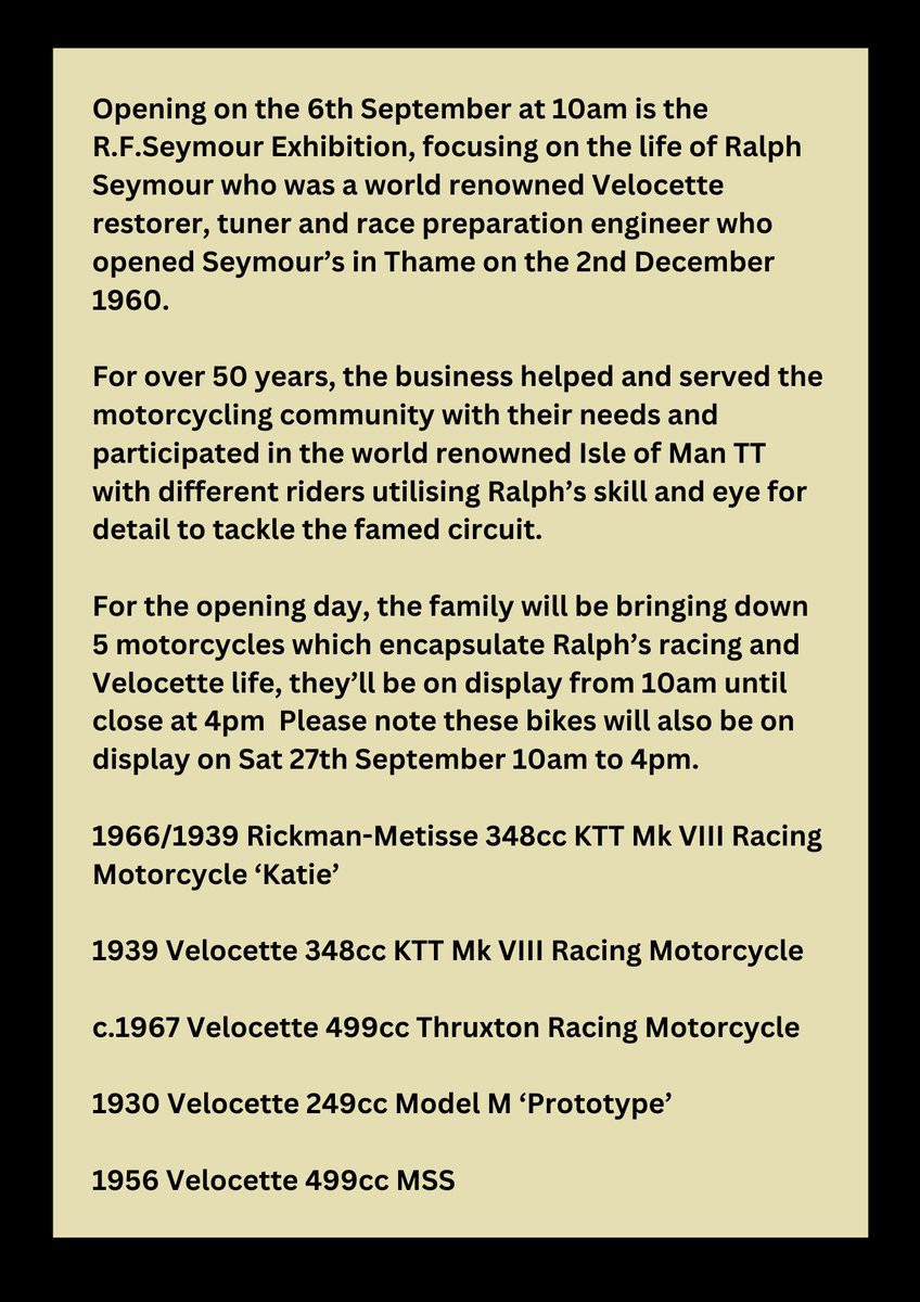 MuseumThame's tweet photo. Less than 2 weeks to go until the opening of the R.F Seymour Exhibition at Thame Museum 

These beauties (and others) will be on display on the Opening Day on Saturday 6th September from 10am to 4pm! 

https://t.co/lTKRSghTN0 

#thamemuseum #motorcycle #motorbike #motorcycles https://t.co/hqxBK9j3OK