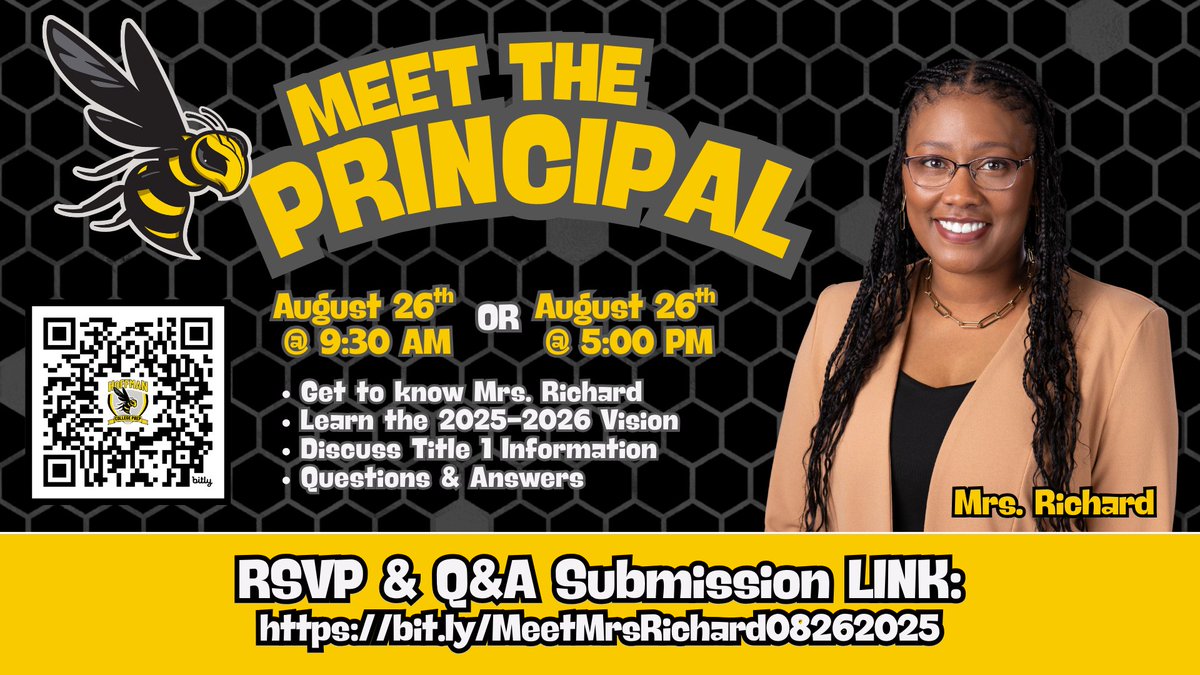 Join us tomorrow for "Meet the Principal" at Hoffman Middle, Tuesday 8/26 at 9:30am or 5pm! Mrs. Richard will share this year's vision and Title 1 info, and answer questions. We look forward to seeing you tomorrow!

Please RSVP here: bit.ly/MeetMrsRichard…