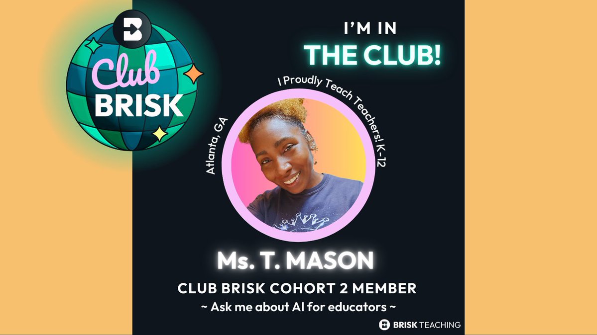 Ms. T. Mason (@mstechmason) on Twitter photo Years ago, <a href="/briskteaching/">Brisk Teaching</a> transformed my teaching life 🦋📚 and ever since, I’ve been singing its praises like an AI robot running a praise algorithm 🤖🎶💙
Now, I’m officially part of #ClubBrisk2 and couldn’t be more excited to keep growing, sharing, and inspiring! ✨ #I'mIn Years ago, <a href="/briskteaching/">Brisk Teaching</a> transformed my teaching life 🦋📚 and ever since, I’ve been singing its praises like an AI robot running a praise algorithm 🤖🎶💙
Now, I’m officially part of #ClubBrisk2 and couldn’t be more excited to keep growing, sharing, and inspiring! ✨ #I'mIn