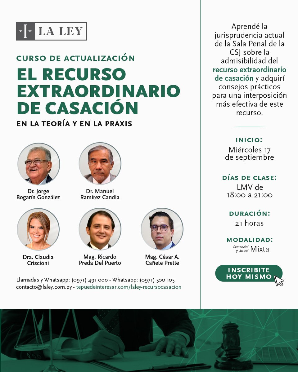 De la mano de expertos en la materia, aprendé la jurisprudencia actual de la Sala Penal de la CSJ sobre la admisibilidad del recurso extraordinario de casación y adquirí consejos prácticos para una interposición más efectiva de este recurso 🙌🏻

🧑🏻‍⚖️ Dr. Jorge Bogarín González
🧑🏻‍⚖️