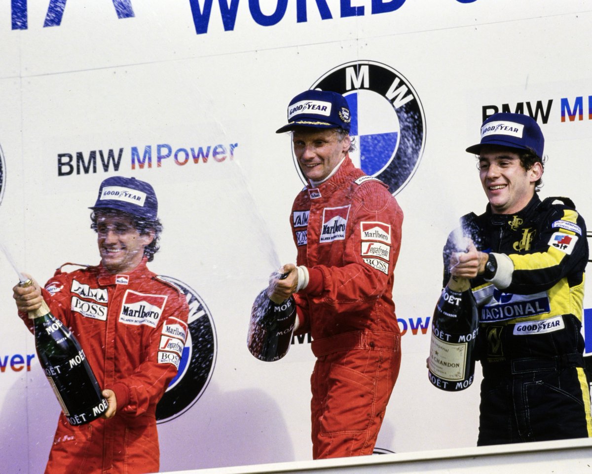 The 1985 #DutchGP podium. This was Niki Lauda's 25th and last #F1 win, and only the second and last time those three GIANTS stood on the podium together (Estoril 1984 was the other).