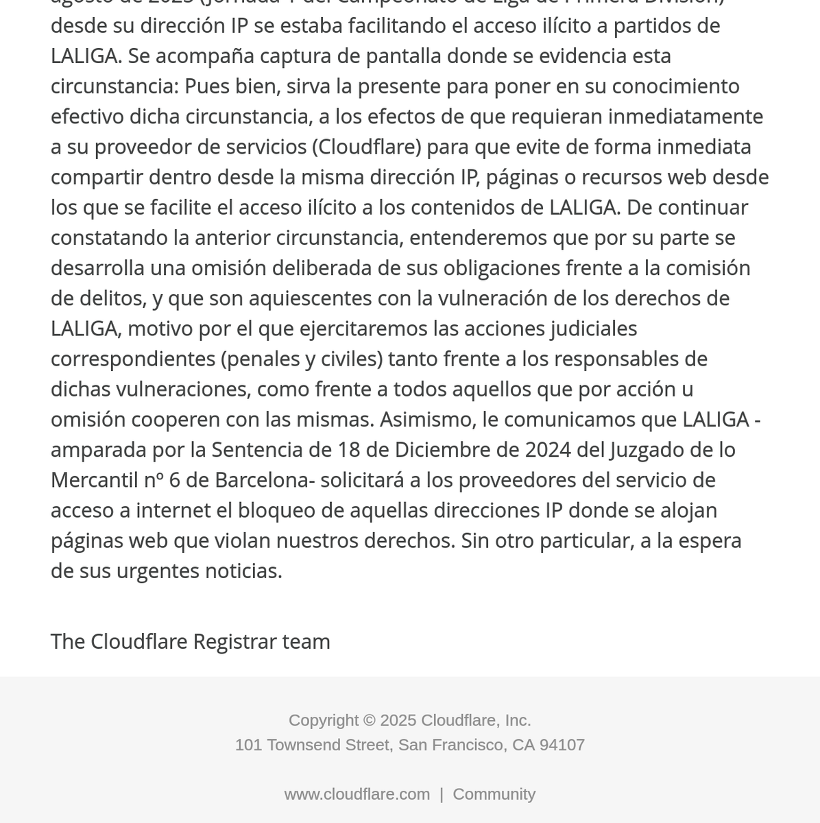 LALIGA amenaza a clientes de Cloudflare con acciones legales

el delito: usar Cloudflare