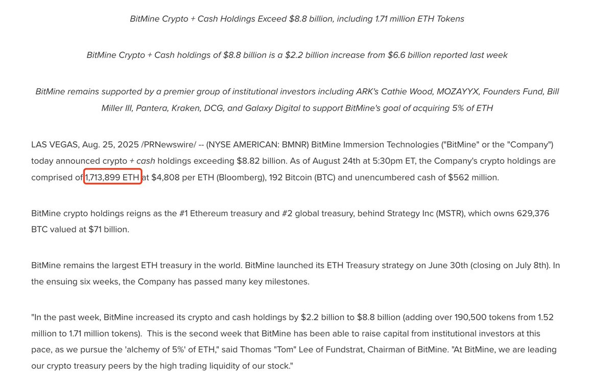BitMine press release screenshot highlighting ETH holdings