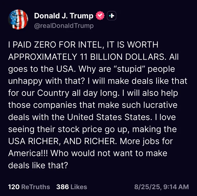 📉KOBEISSI: Trump: "Ho pagato zero per la partecipazione del governo in Intel"