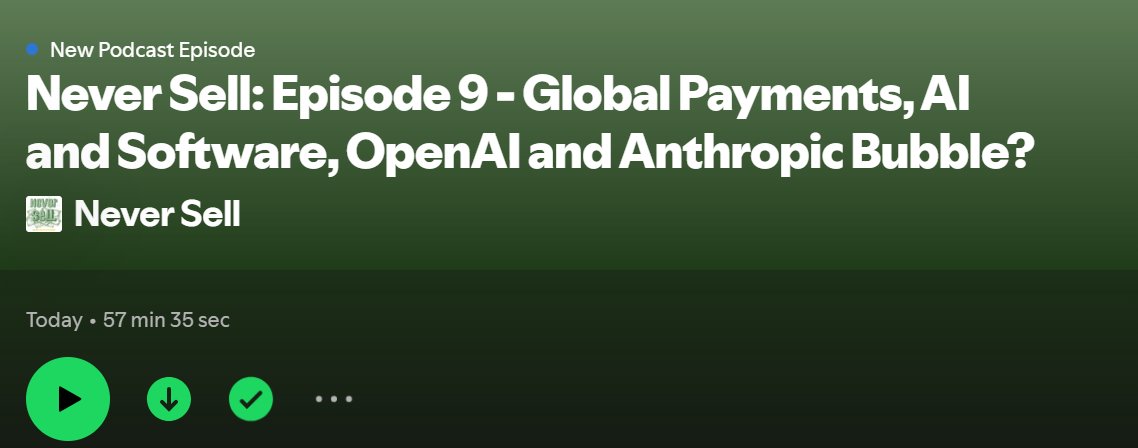 Mostly Borrowed Ideas (@borrowed_ideas) on Twitter photo New "Never Sell" Episode
<a href="/scuttleblurb/">scuttleblurb</a> discussed $GPN which is priced to be "dead" that may not die soon
And do you really have a podcast if you aren't talking about AI's impact on software cos these days?
Finally, we tried to dampen the mania in OpenAI/Anthropic little bit New "Never Sell" Episode
<a href="/scuttleblurb/">scuttleblurb</a> discussed $GPN which is priced to be "dead" that may not die soon
And do you really have a podcast if you aren't talking about AI's impact on software cos these days?
Finally, we tried to dampen the mania in OpenAI/Anthropic little bit