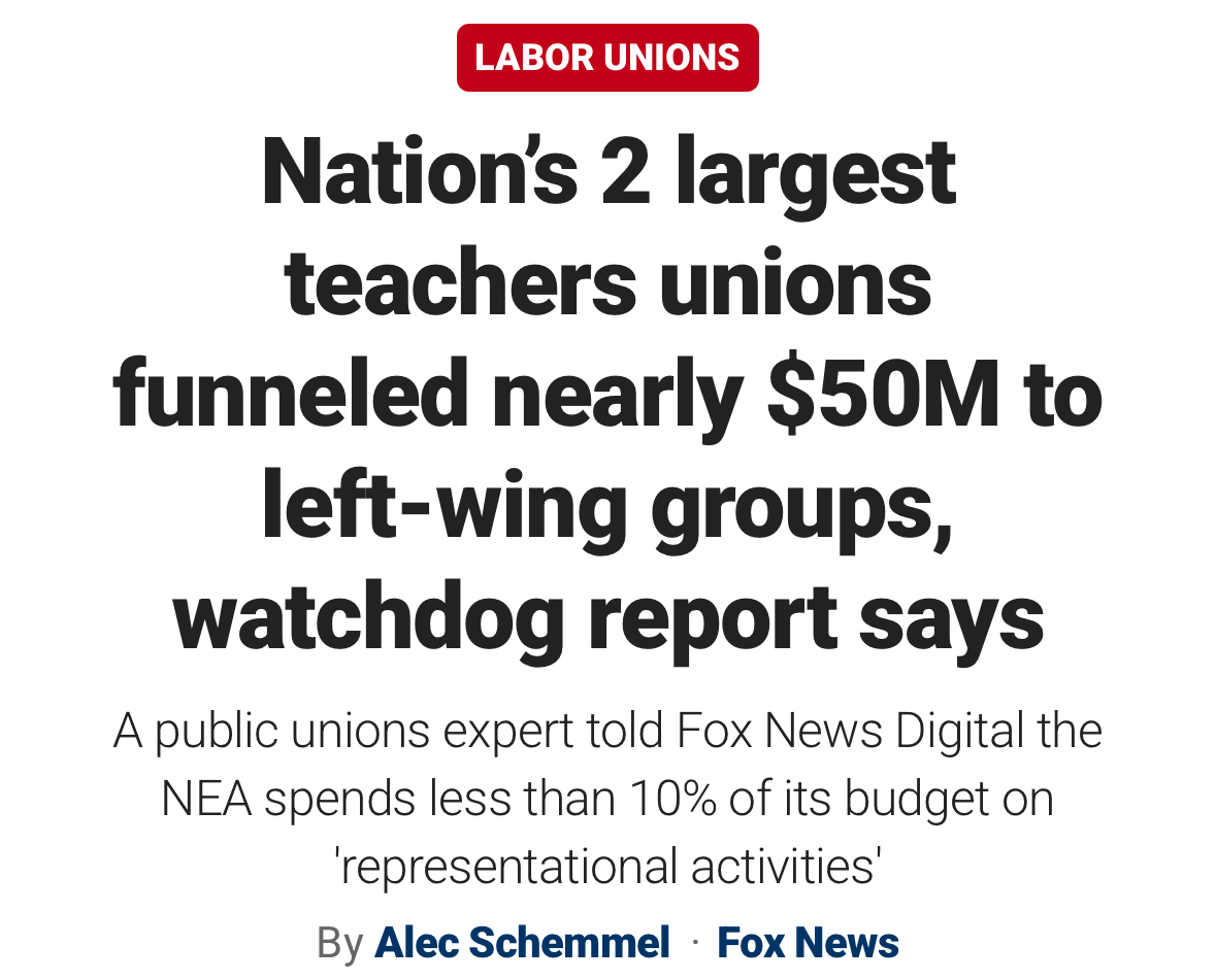 nickineily's tweet image. Rather than focusing on classrooms and students, teachers’ unions are funneling tens of millions in dues to far-left causes, PACs, and activist groups.

Parents and taxpayers deserve schools that educate, not political machines.