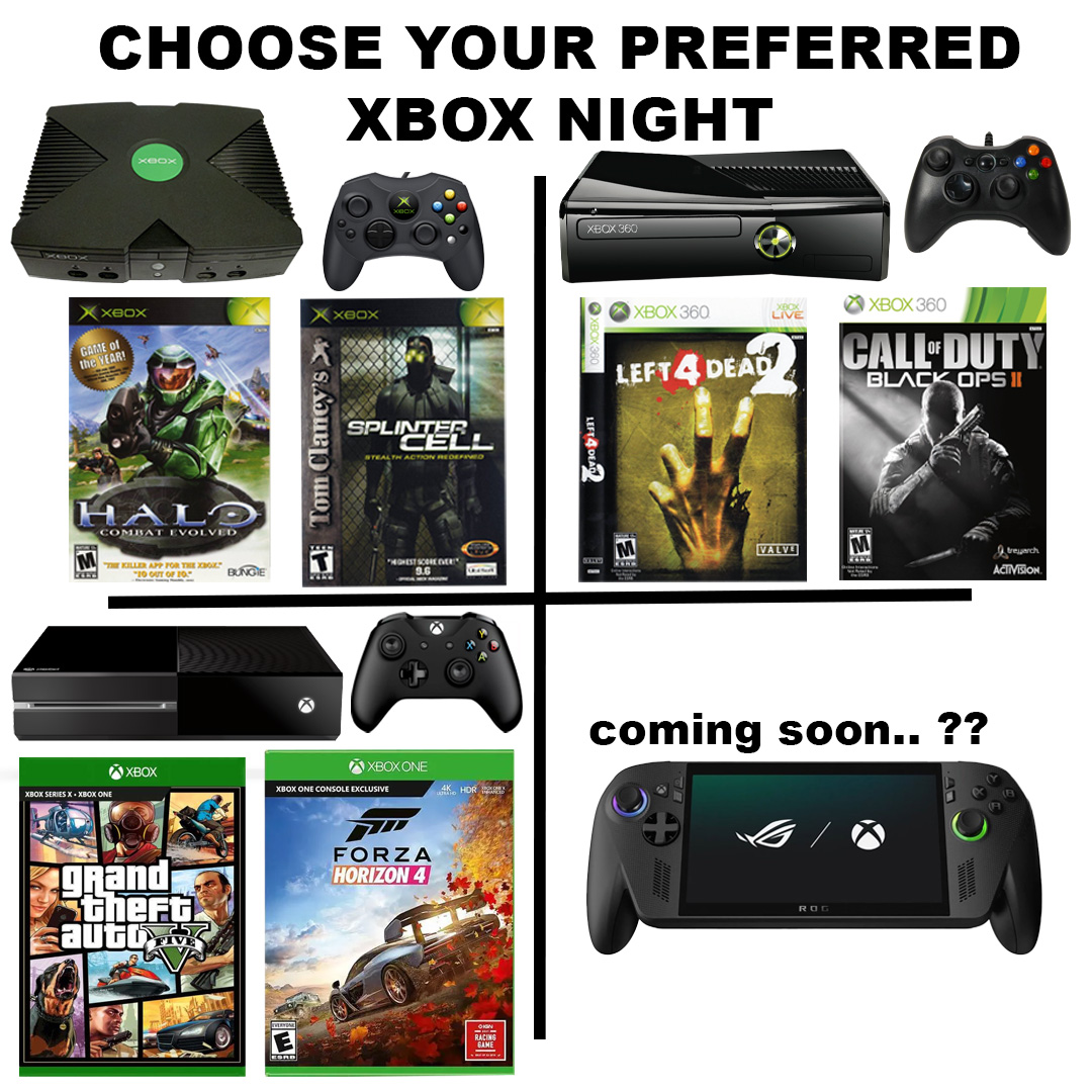 Pick your night of fun!🤗  Have you heard about the ROG Xbox Ally? 🤔
•
•
#xbox #pickone #retrogaming #nostalgic
