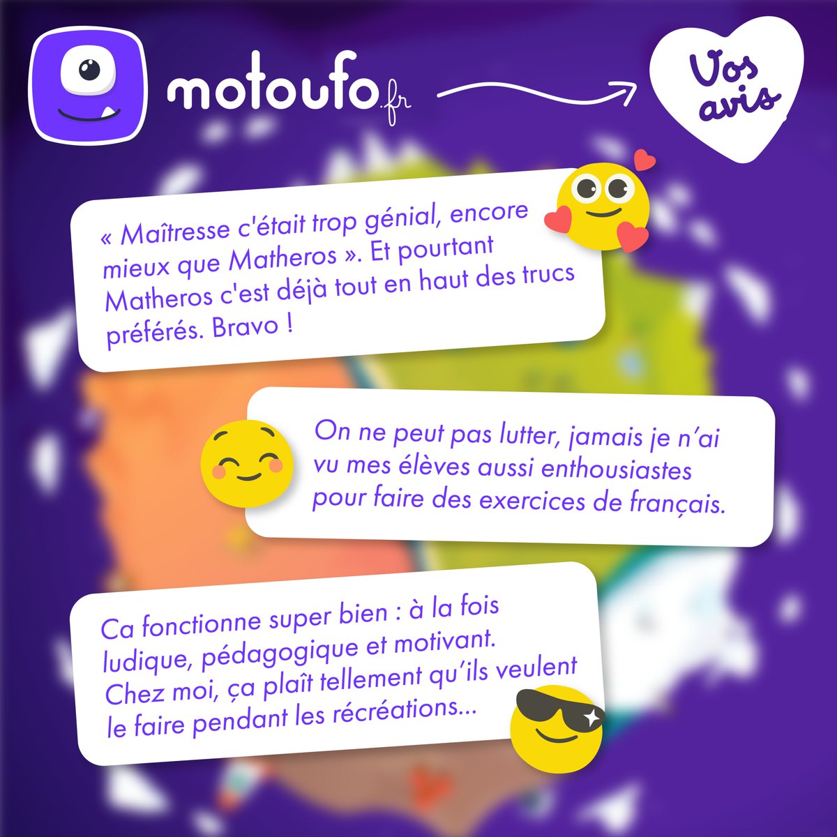 💬 Ils l’utilisent… et ils en parlent !

Motoufo.fr aide déjà de nombreux élèves à écrire sans fautes et à progresser avec plaisir.