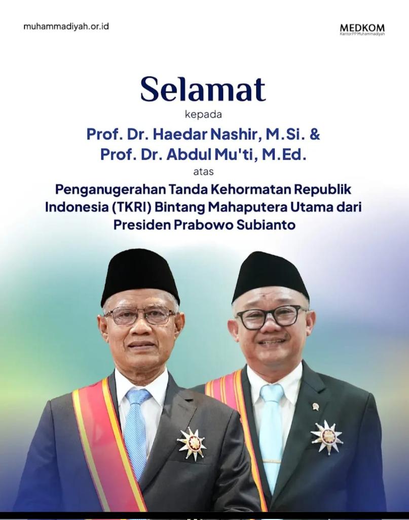 Selamat atas Penganugerahan Tanda Kehormatan Republik Indonesia Bintang Mahaputera Utama kepada Prof. Dr. Haedar Nashir, M.Si. dan Prof. Dr. Abdul Mu'ti. <a href="/HaedarNs/">Haedar Nashir</a> <a href="/muhammadiyah/">Muhammadiyah</a> instagram.com/reel/DNxf7cG3t…