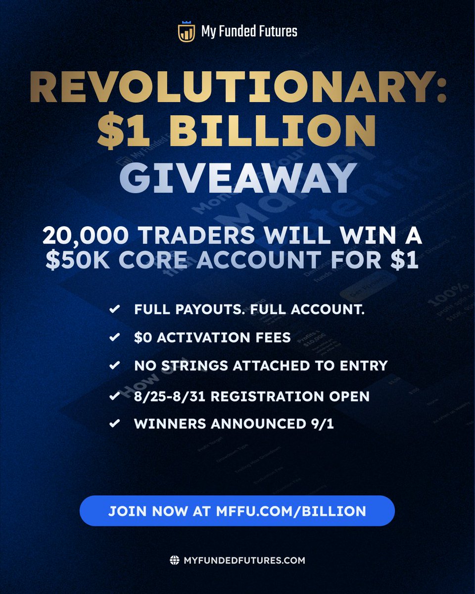 MyFundedFutures's tweet image. 🚨 We just launched the $1B Giveaway

20,000 traders → $50K Core for $1 (all-in)

– No hidden fees, no activation fees
– Up to $5K payouts
– Instant payouts

ENTER NOW: myfundedfutures.com/billion