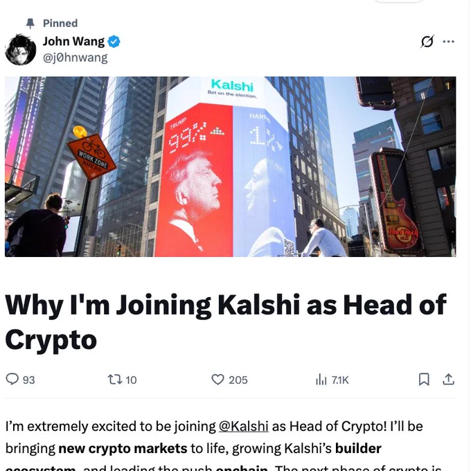 🔴COINDESK : "@j0hnwang diventa il nuovo Head of Crypto di Kalshi"