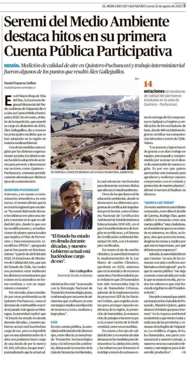 Hoy en <a href="/mercuriovalpo/">El Mercurio de Valparaíso</a> 🗞️ el Seremi Alex Galleguillos en su Cuenta Pública Participativa da cuenta de la gestión <a href="/mma_valparaiso/">Seremi MMA Valparaíso</a> en la región durante el
2024-2025 🌱👇 avances y desafíos en diversas materias, para seguir avanzando en la protección del medio ambiente 🌱 👏🏼