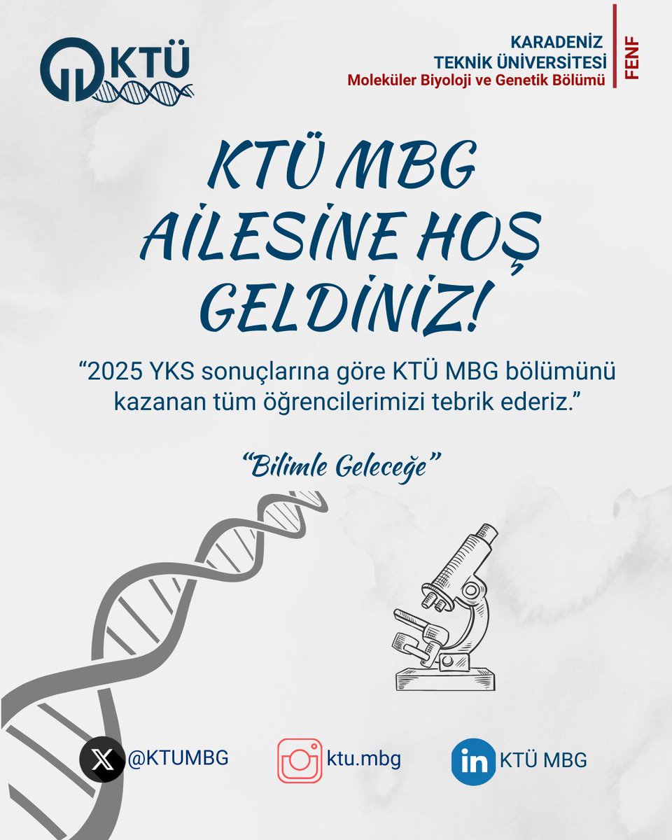 KTÜ Moleküler Biyoloji ve Genetik Bölümü olarak, 2025 YKS sonuçlarına göre aramıza katılan tüm öğrencilerimizi içtenlikle tebrik ediyoruz. Yeni eğitim-öğretim döneminde sizleri aramızda görmekten büyük mutluluk duyacağız. Hoş geldiniz 🧬💫