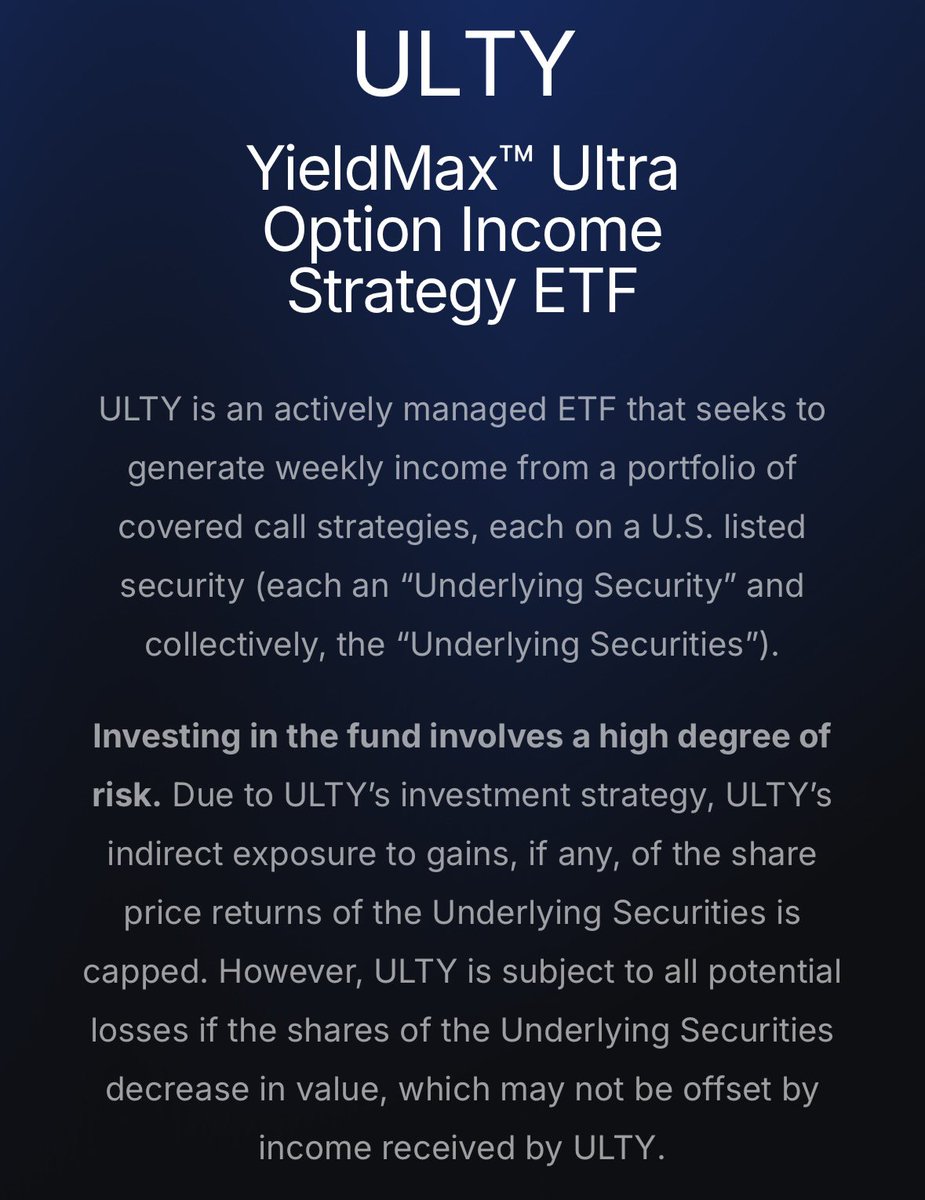 darrelltalksfi's tweet image. “Investing in this fund involves a high degree of risk”

“ULTY’s indirect exposure to gains, if any, of the share price returns of the Underlying Securities is capped”

“ULTY is subject to all potential losses if the shares of the Underlying Securities decrease in value”

$ULTY…
