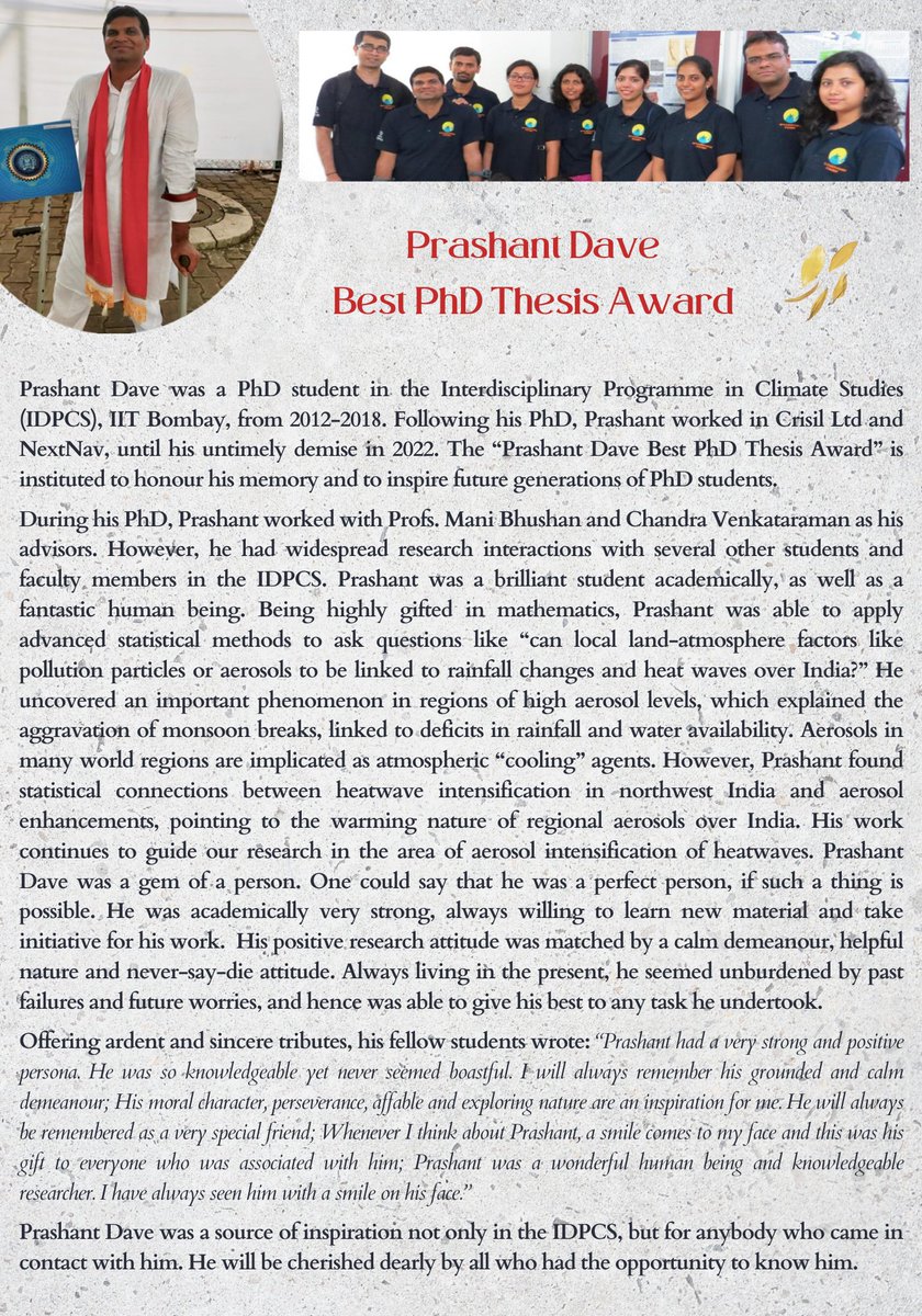 ClimateIITB's tweet image. 💐Hearty congratulations to @ClimateIITB alum Dr. Navinya Chimurkar for winning the Prashant Dave Best PhD Thesis Award 2025! 

This award was constituted by @ClimateIITB
in 2023 to honor the memory of our beloved PhD graduate Dr. Prashant Dave whom we tragically lost in 2022.