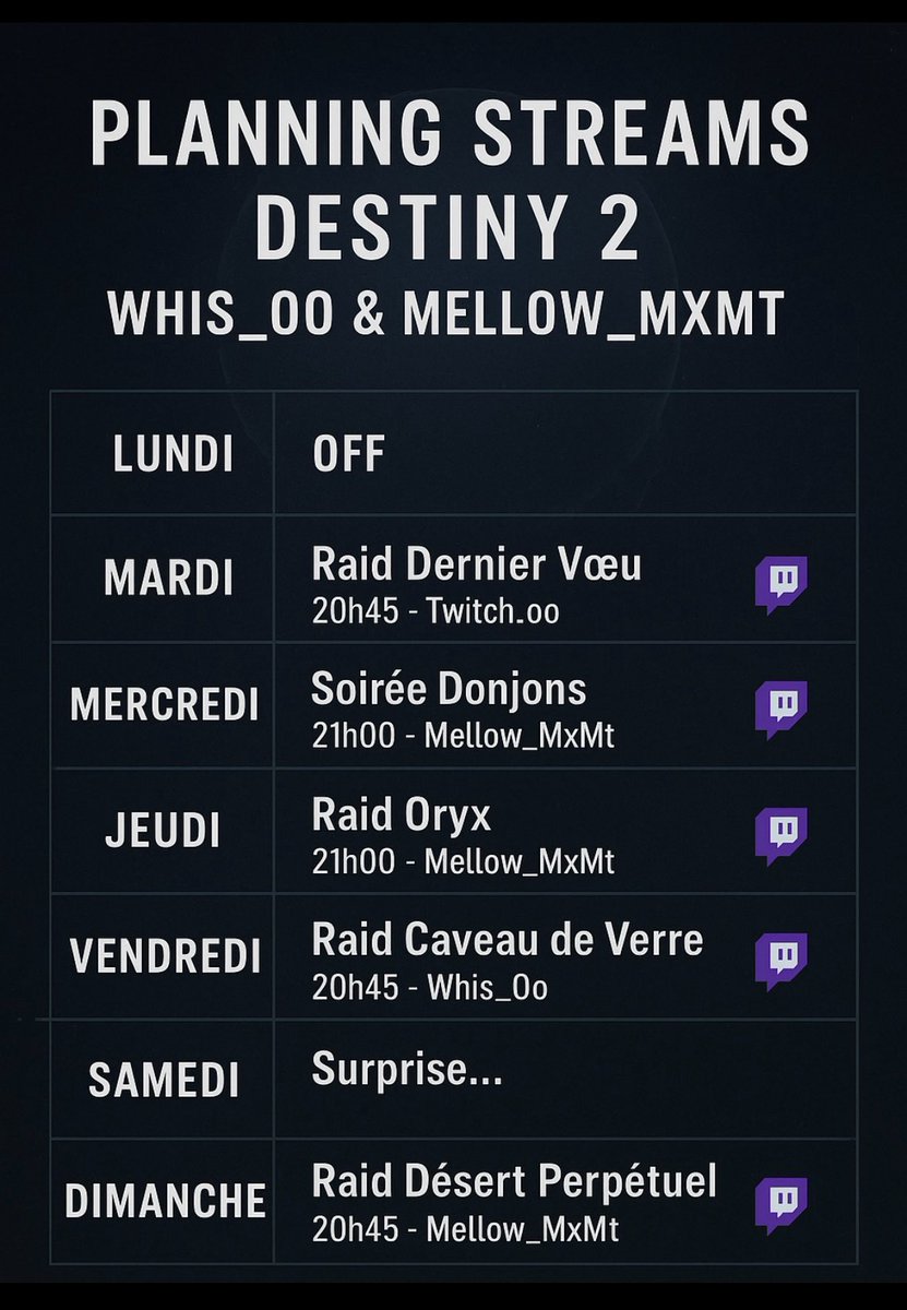 ✨ “Nouvelle semaine, nouveaux défis sur Destiny 2 ! 🔥
Raids, donjons, surprises… Rejoignez-nous en live sur Twitch à partir de 20h45 🎮
👉 @Whis_0o &amp; @Mellow_MxMt”

#destiny2 #twitch #planning