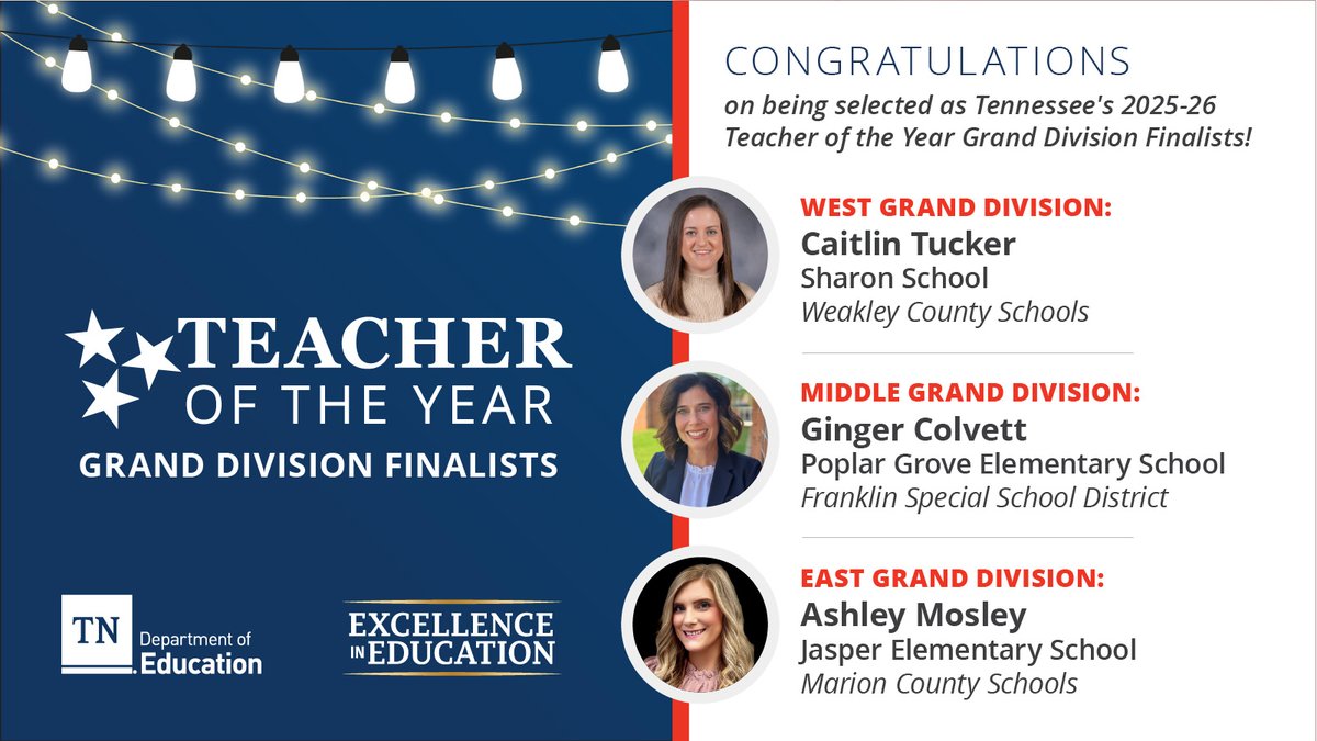 We're proud to highlight our 2025-26 Tennessee Teacher of the Year Grand Division winners! As we celebrate these remarkable educators, we thank them for their passion and dedication to their students and the communities they serve. Read more: tn.gov/education/news…