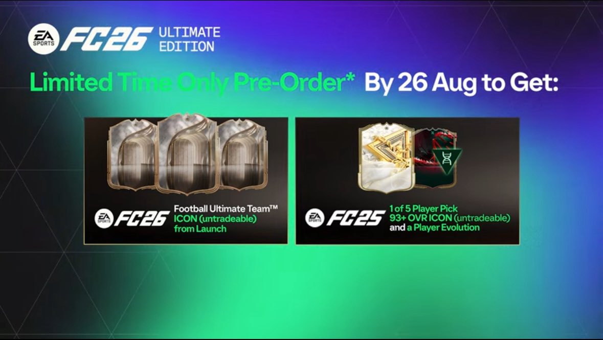 FC26 

先行予約特典明日までだよ！！！！
8月26日まで！！！

イブラ、大五郎含むアイコン軍団から1枚と限定エボ貰えるよ！！！

買うなら今みな待ってるぜ
ea.com/ja/games/ea-sp…

#FC26