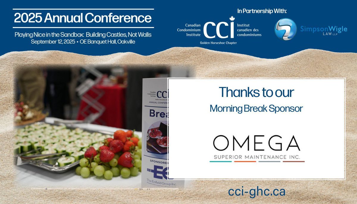 A big shoutout to Omega Superior Maintenance Inc. for sponsoring the Morning Break at #CCIConference2025!

Thank you for keeping our attendees refreshed and energized. We appreciate your support! 

#CCIGHC2025 #condoliving #condodirectors #condoconference #oakville