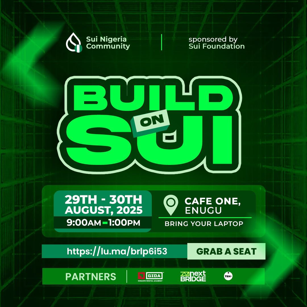 Ransome💧 (@eze_ransom) on Twitter photo Join us for the Build on Sui Event in Enugu 🔥🔥
A space for developers, builders & Web3 enthusiasts to learn, network, and create on the Sui blockchain.
📌 What to expect:
✨ Intro to Sui & Move programming
✨ Hands-on sessions & real use cases
✨ Networking with builders & Join us for the Build on Sui Event in Enugu 🔥🔥
A space for developers, builders & Web3 enthusiasts to learn, network, and create on the Sui blockchain.
📌 What to expect:
✨ Intro to Sui & Move programming
✨ Hands-on sessions & real use cases
✨ Networking with builders &