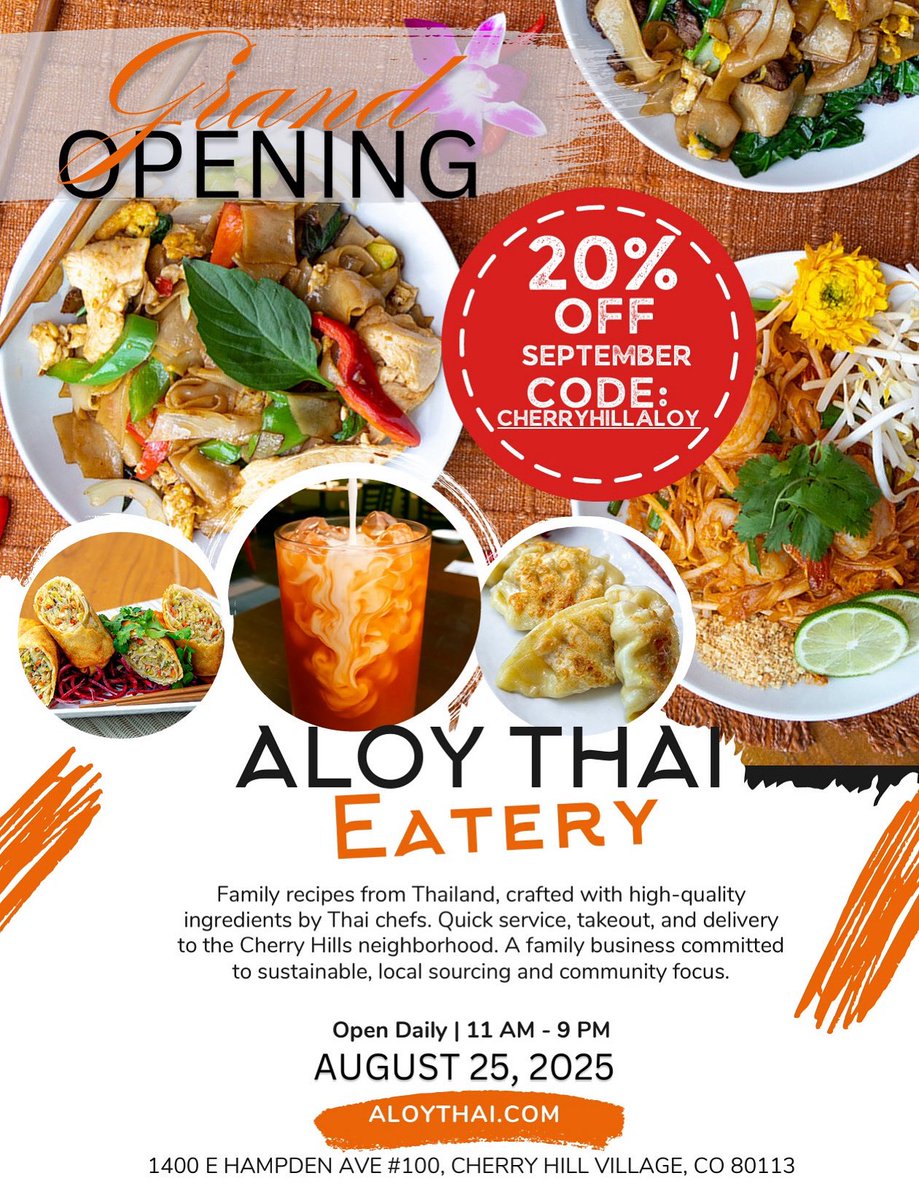 🍜 Authentic Thai flavors at Aloy Thai Eatery Cherry Hills Village! Grand opening today, 8/25/25. 20% off Sept orders w/ CHERRYHILLALOY. 📍 1400 E Hampden Ave #100. Open 11 AM - 9 PM daily. #ThaiFood #ThaiCuisine #AloyThai #Cherryhillsvillage #englewoodcolorado #littletonco