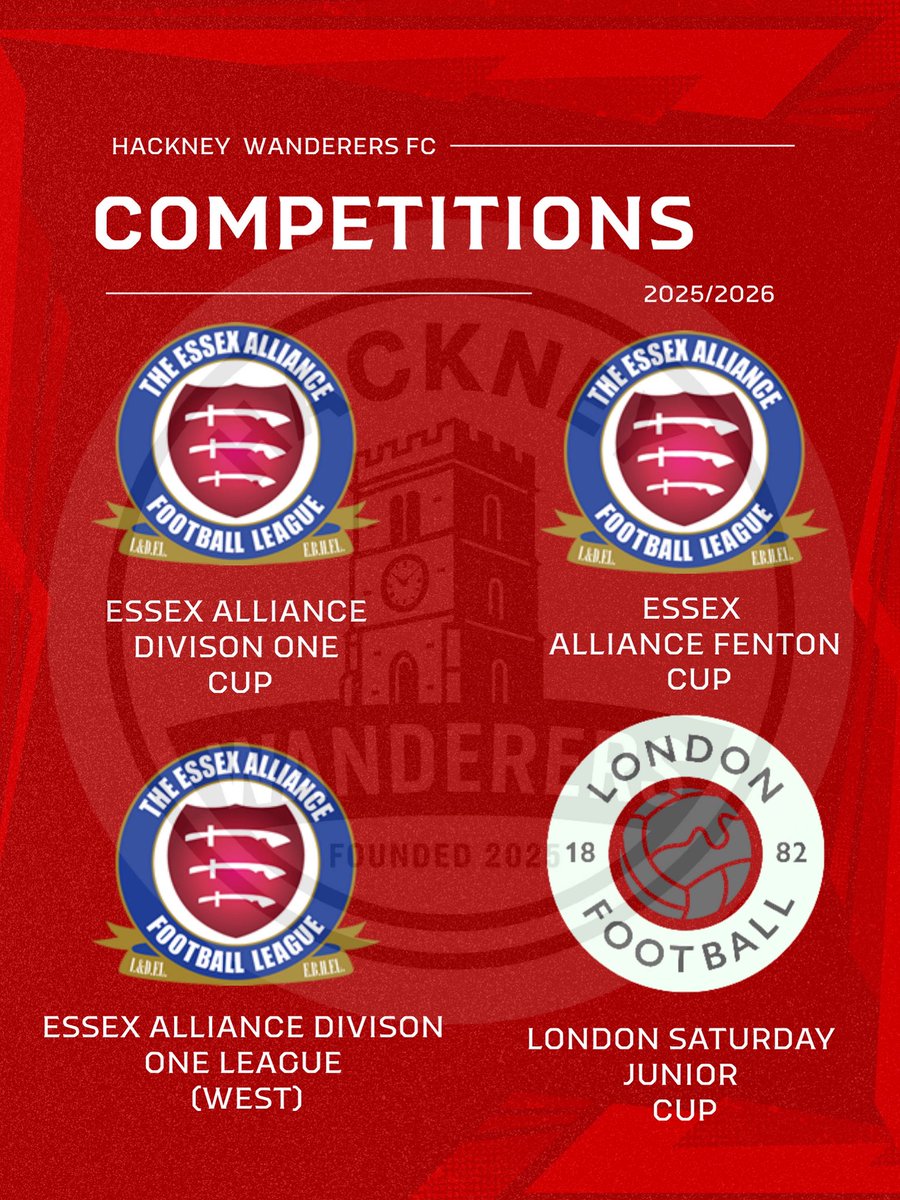 HackneyWanders's tweet image. ANNOUNCEMENT 

Hackney Wanderers will be participating in the following competitions for the 2025/2026 season 

Essex Alliance Division 1 (West) 
Essex Alliance Division cup 
Fenton Cup
London Saturday Junior Cup 

#essexalliance #londonsaturdayjuniorcup #Fentoncup #Hackney