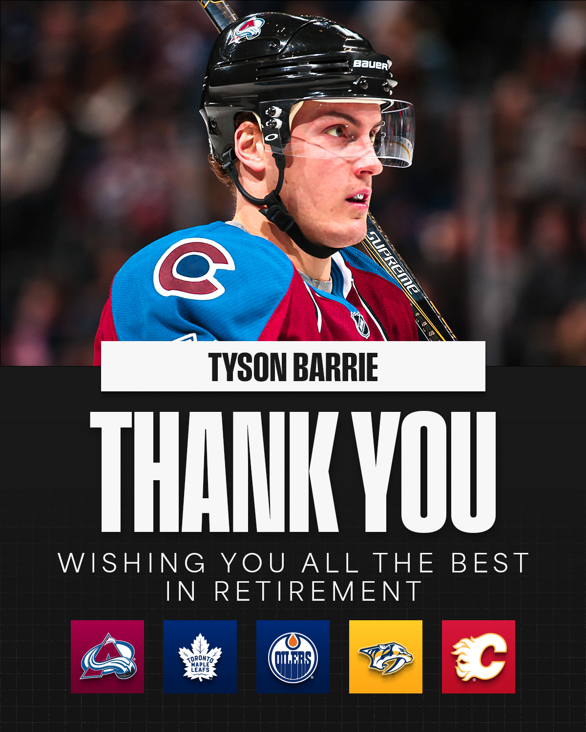 Hokej Tyson Barrie in a Colorado Avalanche uniform, with text: "Tyson Barrie. Thank you. Wishing you all the best in retirement." Team logos displayed: Colorado Avalanche, Toronto Maple Leafs, Edmonton Oilers, Nashville Predators, Calgary Flames.