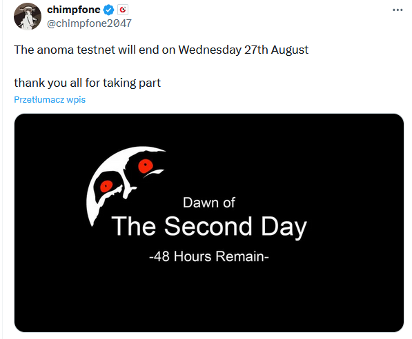 Jak z repostowała u siebie wczoraj <a href="/anoma/">Anoma</a> 

Ich testnet ma się zakończyć 27.08.25r

Dlatego jeżeli działacie tam aktywnie, to polecam cisnąć aż do bólu ile fabryka dała!

Jestem ciekaw tylko, czy będzie drugi sezon i będzie to otwarte dla wszystkich, czy od razu ruszą z 'TGE' 🤔