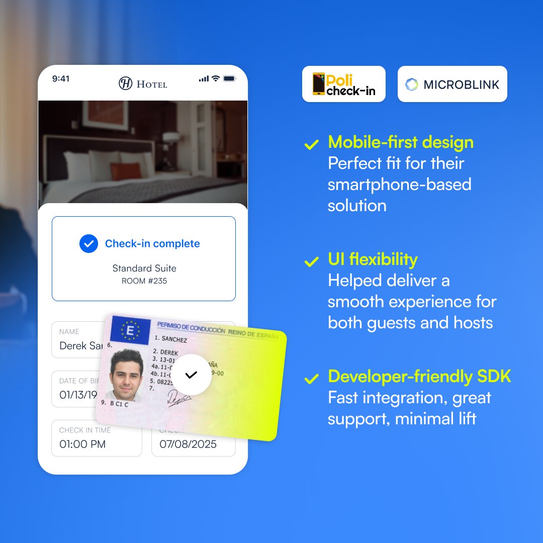 Poli Check-In &amp; Microblink are helping hospitality providers across Spain save time &amp; stay compliant.

Faster check-ins, fewer errors, effortless police reporting, boosting rural hotel &amp; rental growth without heavy marketing: microblink.com/resources/cust…