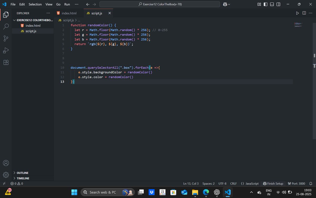 manthan3124's tweet image. 🗓️25 Aug – Day 40 of #100DaysOfCode
✅Completed JS DOM exercises:
•Assigned random colors &amp;amp; backgrounds to 5 boxes
•Practiced inserting &amp;amp; removing elements dynamically
Hands-on practice is making DOM concepts click! 💻🚀
#JavaScript #DOM #WebDevelopment #100DaysOfCode #CONNECT