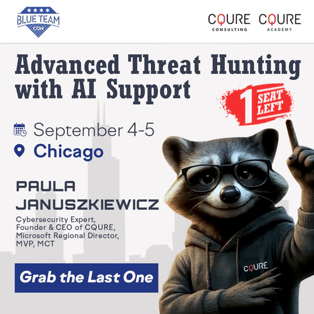 CQURE Academy (@cqureacademy) on Twitter photo Grab the last seat at <a href="/PaulaCqure/">Paula Januszkiewicz</a>'s <a href="/BlueTeamCon/">Blue Team Con</a> training in Chicago on September 4-5! 🪑
Secure the LAST ticket for the Advanced Threat Hunting with AI Support here 👉blueteamcon.com/directory/adva…
#BlueTeamCon #ThreatHunting #Cybersecurity Grab the last seat at <a href="/PaulaCqure/">Paula Januszkiewicz</a>'s <a href="/BlueTeamCon/">Blue Team Con</a> training in Chicago on September 4-5! 🪑
Secure the LAST ticket for the Advanced Threat Hunting with AI Support here 👉blueteamcon.com/directory/adva…
#BlueTeamCon #ThreatHunting #Cybersecurity