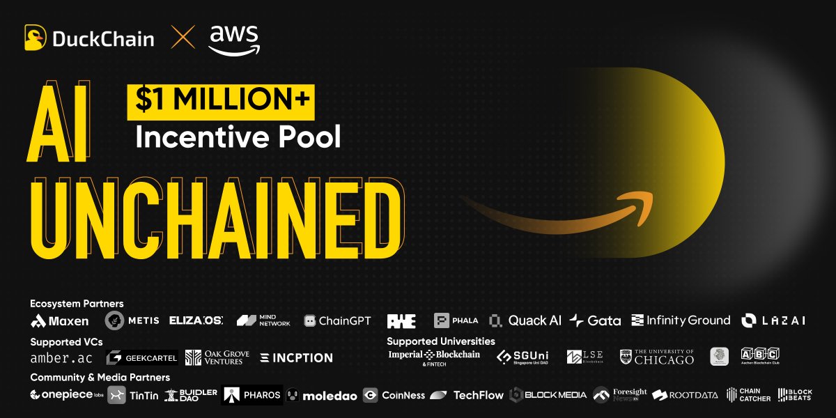 DuckChain (@duck_chain) on Twitter photo 🦆 DuckChain × AWS <a href="/awscloud/">Amazon Web Services</a> Hack: AI Unchained
A global gathering for AI devs, Web3 builders & agentic innovators.
Together, we are pushing the limits of AI agents, decentralized AI infra, AI-as-a-Service on-chain, and DuckChain native tools!
🗓 Duration: Aug 25 – Sep 1, 2025 🦆 DuckChain × AWS <a href="/awscloud/">Amazon Web Services</a> Hack: AI Unchained
A global gathering for AI devs, Web3 builders & agentic innovators.
Together, we are pushing the limits of AI agents, decentralized AI infra, AI-as-a-Service on-chain, and DuckChain native tools!
🗓 Duration: Aug 25 – Sep 1, 2025