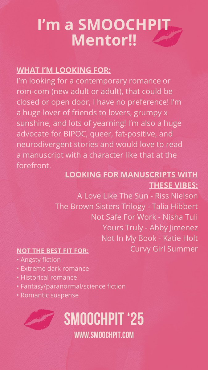 I’m a <a href="/smoochpit/">SmoochPit #lovepit</a> mentor this year yall! I am so so excited for my first mentorship opportunity and even MORE excited to see all the mentees and their amazing manuscripts! 

Here’s a bit of what I’m looking for, you can see my entire mentor profile here: smoochpit.com/amarie-wheeler