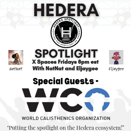 There will be plenty of people pumped for this spaces!
This week we have <a href="/WCO_ORG/">WCO - World Calisthenics Org - Ħedera</a> as special guests on the show with <a href="/Natnatx007/">NatNat</a> and myself.
Please like and share!
Tag some homies and tag #WCO #Hedera 
x.com/i/spaces/1ZkKz…