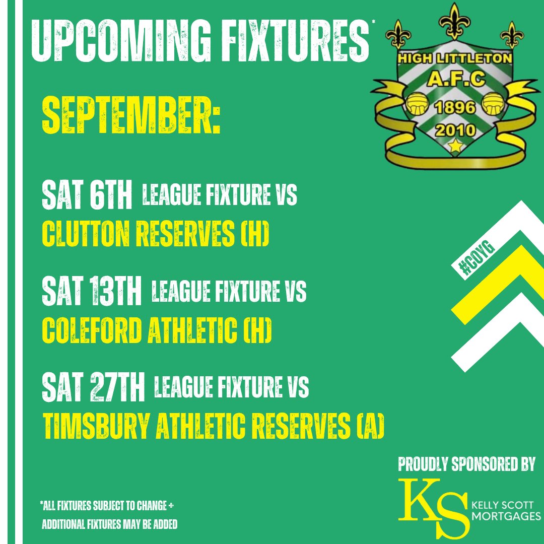 HighLittletonFC's tweet photo. With our pre-season now over, our attention turns to the return of competitive football. Our season gets underway as we host newly promoted Clutton Reserves. 

@uptheswans 
@ColefordAth1890
@TimsburyAFC 

#HLFC | #COYG https://t.co/o6iawgZlcC