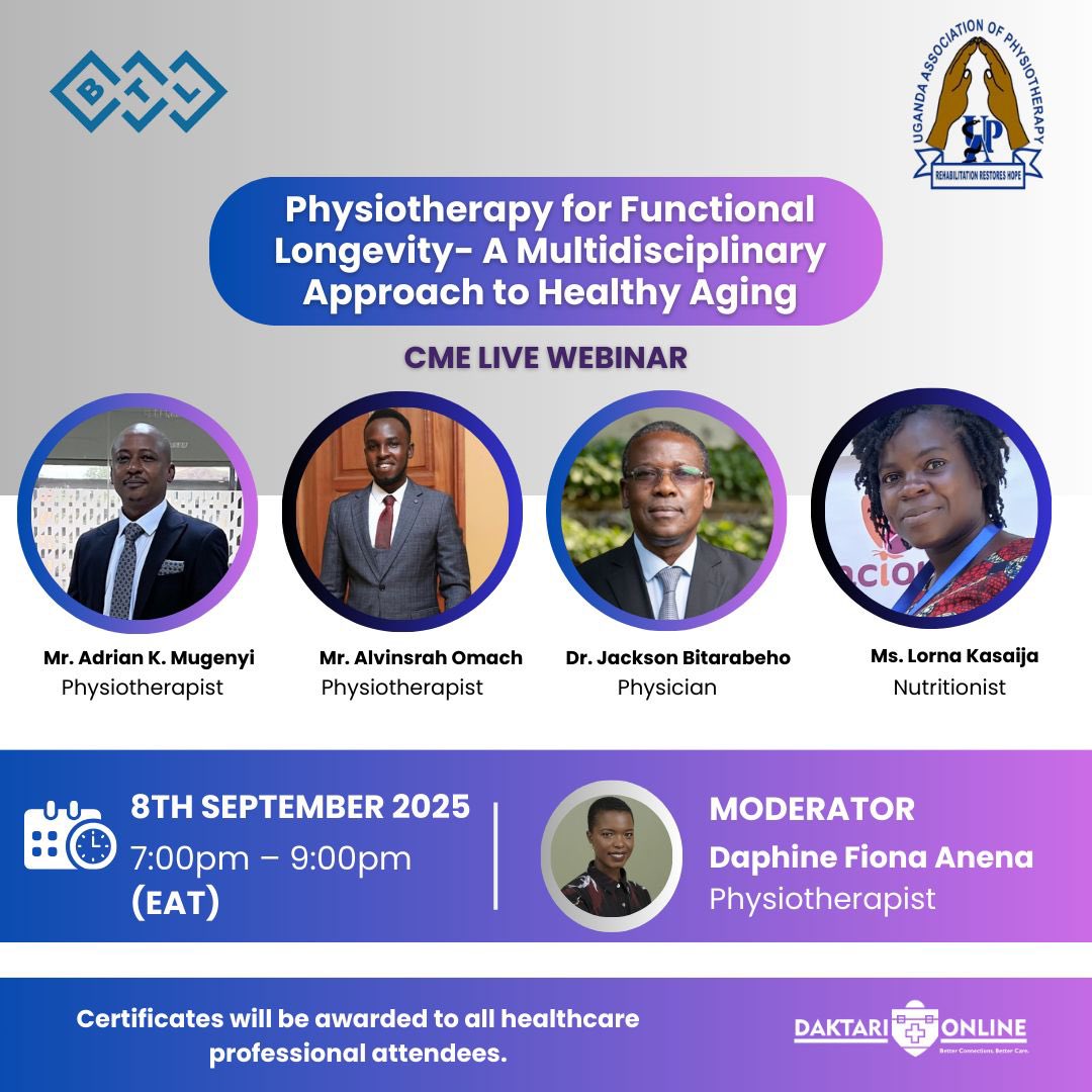 Ugphysiotherapy's tweet photo. Calling ALL healthcare professionals!

Don’t miss our upcoming webinar:
Physiotherapy for Functional Longevity – A Multidisciplinary Approach to Healthy Aging

Register now: https://t.co/X0nQd1Wks4

Certificates of attendance will be awarded

#HealthyAging #Physiotherapy https://t.co/YMq3CzIrOL