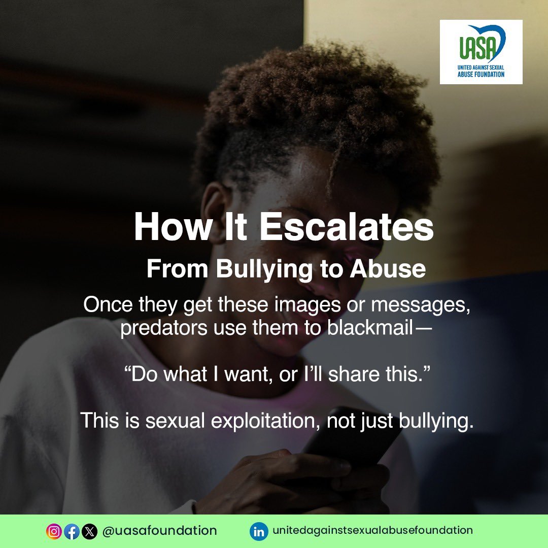 Cyberbullying isn’t just online “teasing” — it can open the door to manipulation and sexual abuse. 

Protect yourself. Speak out. Support others.

 #UASA #Cyberbulling #StoptheAbuse #StopCyberbullying #ProtectChild

Join us also on Saturday at 7pm prompt (WAT) for a live session.