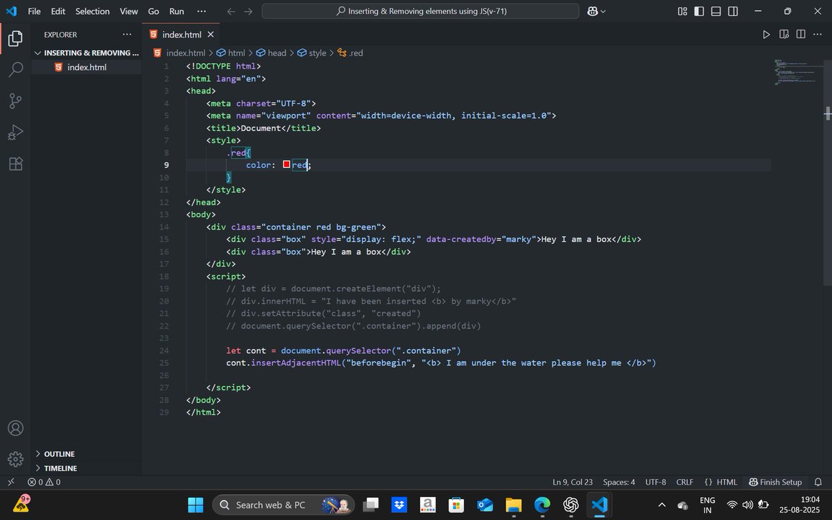 manthan3124's tweet image. 🗓️25 Aug – Day 40 of #100DaysOfCode
✅Completed JS DOM exercises:
•Assigned random colors &amp;amp; backgrounds to 5 boxes
•Practiced inserting &amp;amp; removing elements dynamically
Hands-on practice is making DOM concepts click! 💻🚀
#JavaScript #DOM #WebDevelopment #100DaysOfCode #CONNECT
