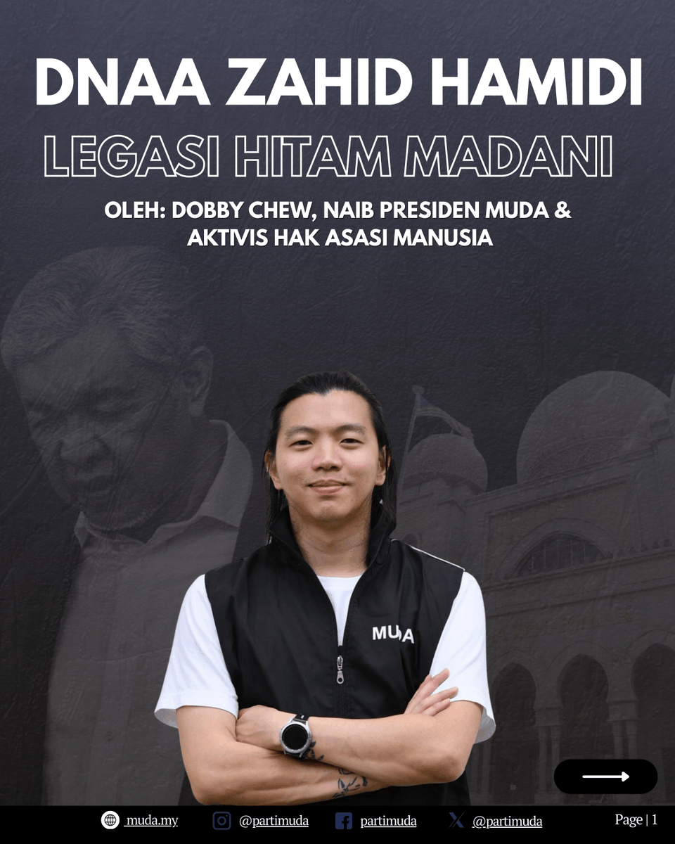 partimuda's tweet photo. DNAA Zahid Hamidi Legasi Hitam Madani
Oleh: Dobby Chew
Naib Presiden MUDA &amp; Hak Asasi Manusia

"Isu keadilan sentiasa menjadi perhatian rakyat apabila pemimpin politik berprofil tinggi berdepan tuduhan di mahkamah. 

(bersambung di bawah) https://t.co/RWbp6HyWOm