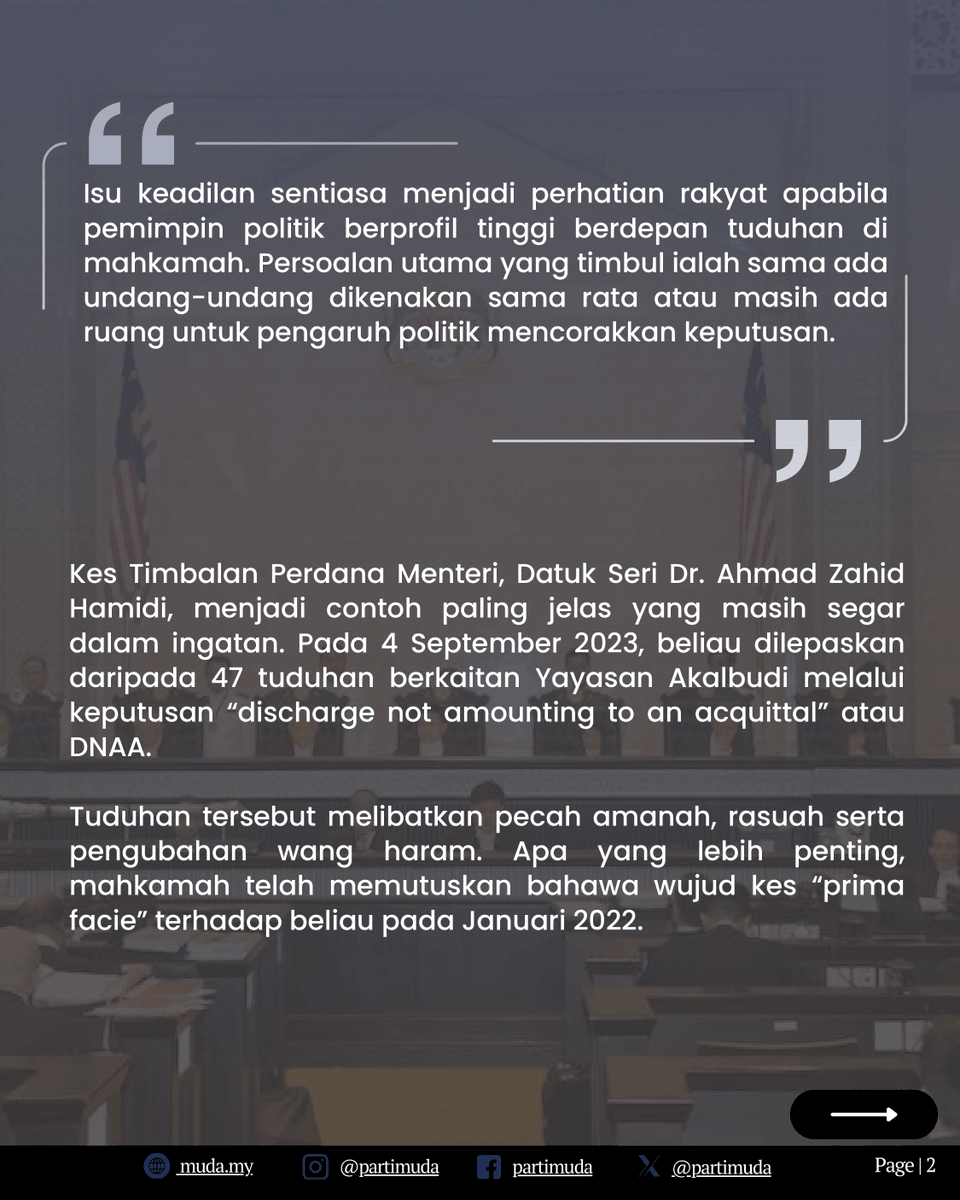 partimuda's tweet photo. DNAA Zahid Hamidi Legasi Hitam Madani
Oleh: Dobby Chew
Naib Presiden MUDA &amp; Hak Asasi Manusia

"Isu keadilan sentiasa menjadi perhatian rakyat apabila pemimpin politik berprofil tinggi berdepan tuduhan di mahkamah. 

(bersambung di bawah) https://t.co/RWbp6HyWOm