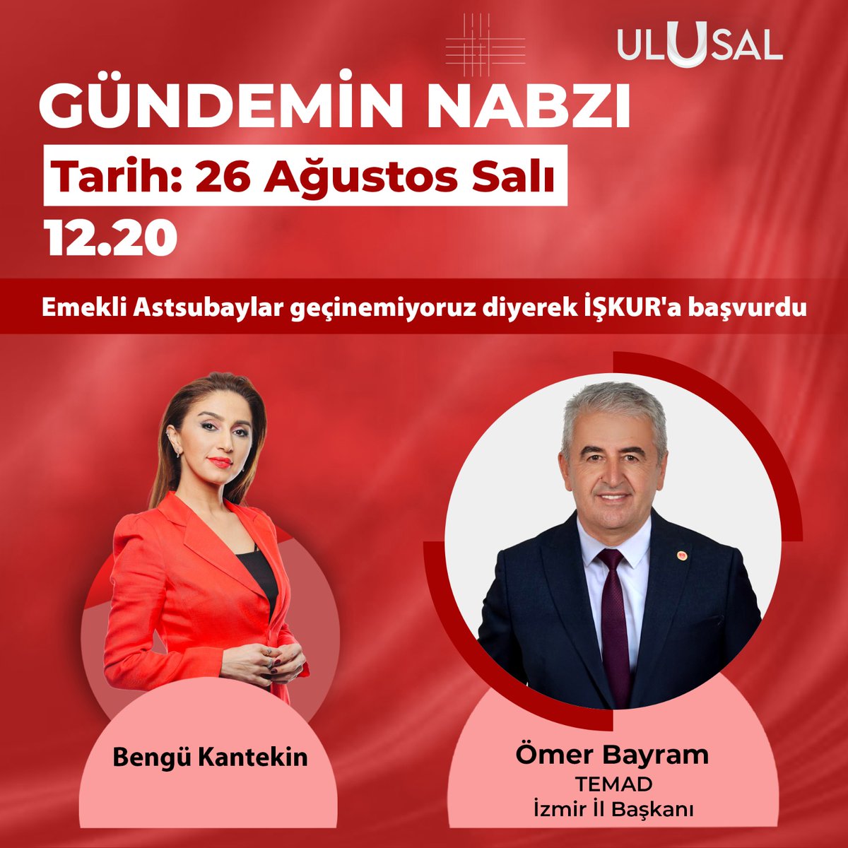 Emekli maaşlarımızın yetersizliği ve söz verildiği halde verilmeyen Tazminat hakkımızdan dolayı İş Kura toplu başvuru yapacağız. Ulusal Kanal Gündemin Nabzı programında yaşadığımız haksızlıkla ilgili düşüncelerimizi paylaşacağız. Tüm meslektaşlarımızı bekleriz.
<a href="/temadankara/">TEMAD Genel Başkanlığı</a>
