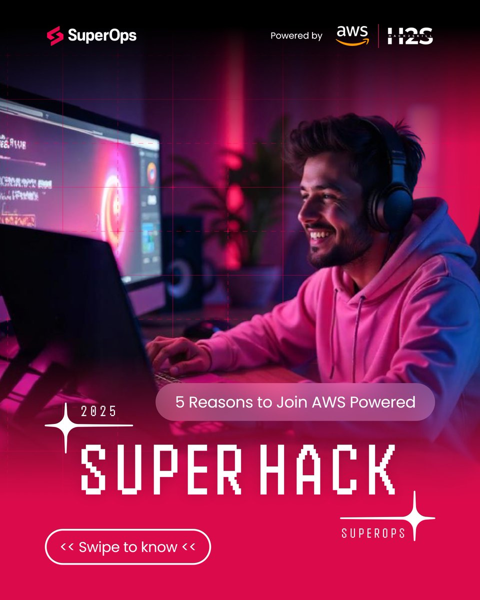 hack2skill's tweet image. SuperHack 2025 powered by AWS is your chance to win from a $100K prize pool, learn directly from AWS mentors, and launch solutions into the SuperOps Marketplace. 

Register now: bit.ly/superHack2025

#SuperHack #SuperOps #Hackatthon #GlobalHackathon