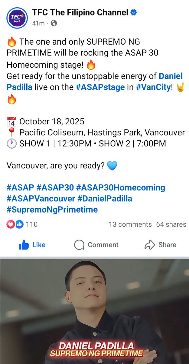 DinampoRac86322's tweet photo. 🔥 The one and only SUPREMO NG PRIMETIME will be rocking the ASAP 30 Homecoming stage! 🔥
Get ready for the unstoppable energy of #DanielPadilla live on the #ASAPstage in #VanCity! 🤘🔥

📅 October 18, 2025
📍 Pacific Coliseum, Hastings Park, Vancouver https://t.co/CgMxJrflAm