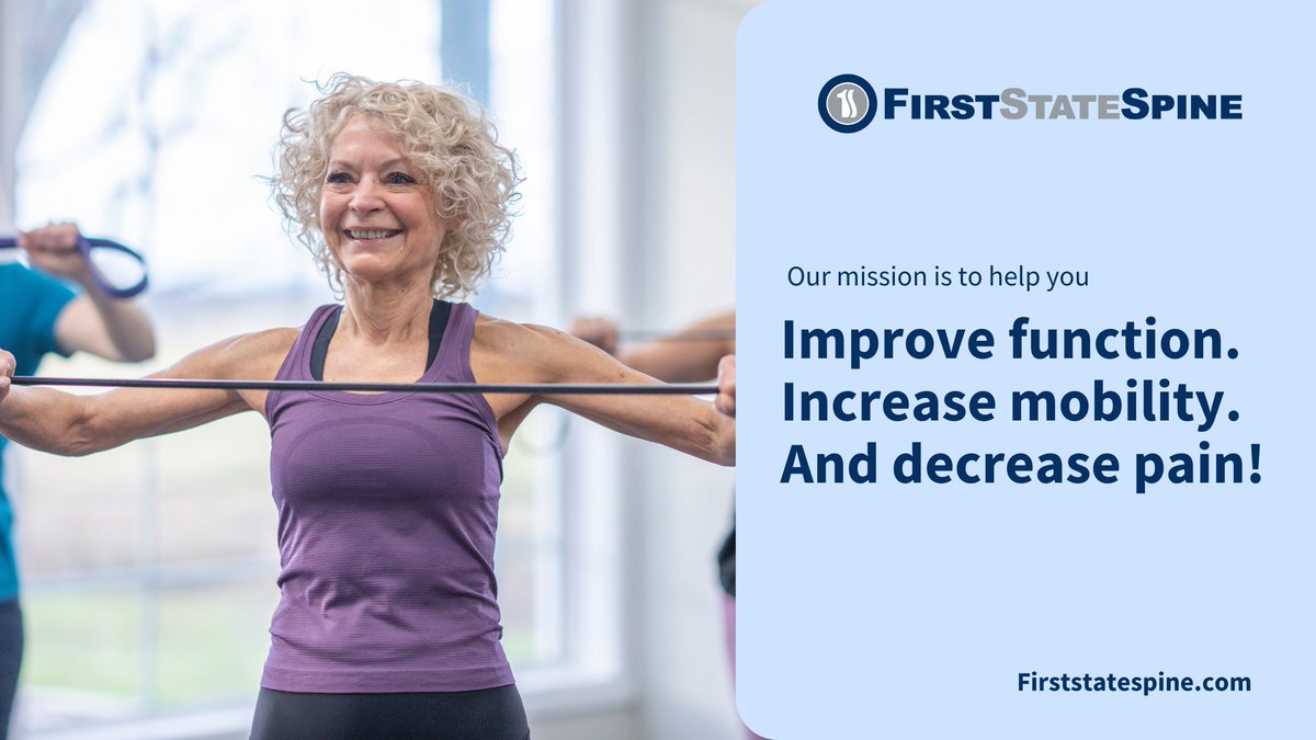 FirstStateSpine's tweet photo. Improve function. Increase mobility. And decrease pain! At First State Spine, our hands-on approach and personalized treatment plans ensure our patients get the best care available. https://t.co/GgSHBG69Z2 https://t.co/HVJtRTzK3b