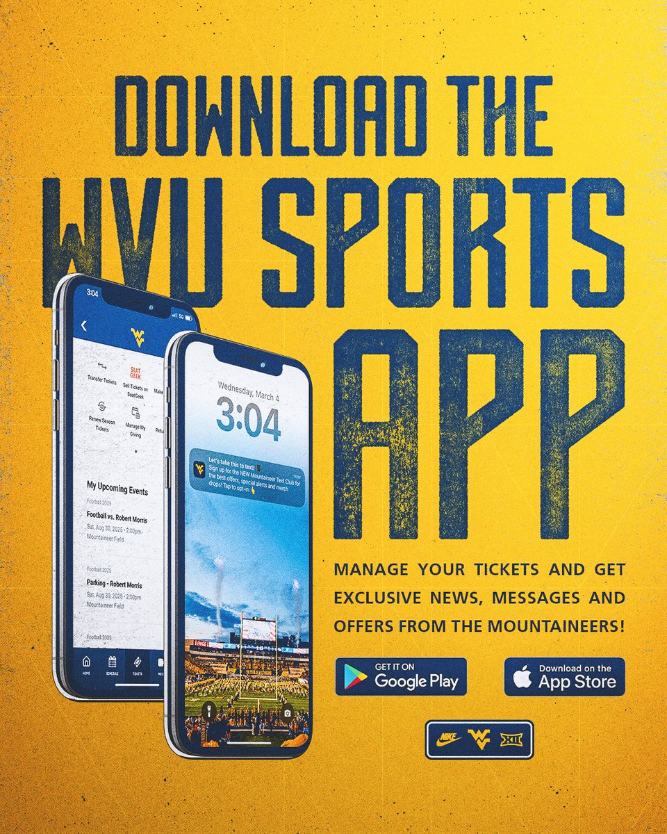 The WVU Gameday App is now the 𝗪𝗩𝗨 𝗦𝗽𝗼𝗿𝘁𝘀 𝗔𝗽𝗽‼️

Your all-in-one hub to manage tickets, catch the latest news, score special offers &amp; stay connected to everything Mountaineers.

📲 Download or update today and never miss a moment!

🔗 tinyurl.com/26j26xw6