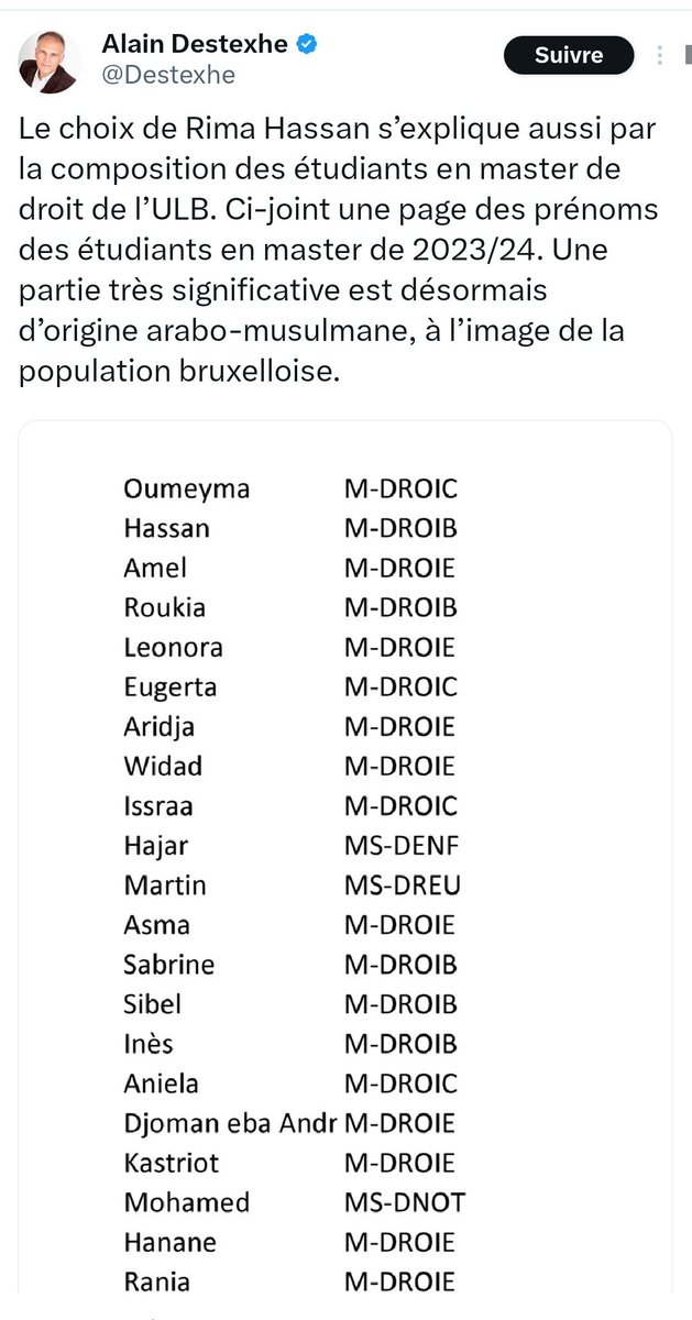 Publier une liste de prénoms, pointer du doigt ceux qui sont à consonance arabo-musulmane (sur quelle base, d'ailleurs ?) et en déduire les opinions politiques. Voilà le niveau du débat public en Belgique en 2025. C'est abject. 

Tiens, Destexhe est toujours membre du MR?