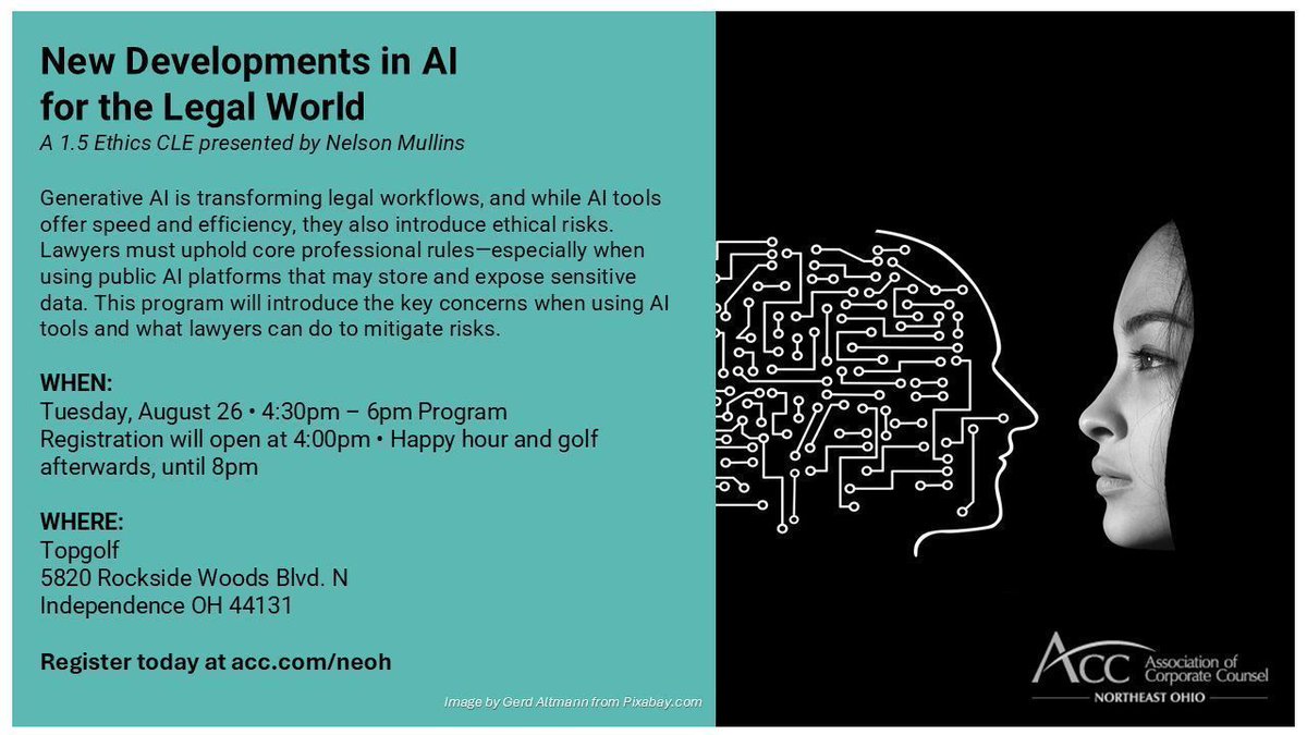 ACC NEO (@acc_neo) on Twitter photo LAST CALL to register for TOMORROW'S 1.5 CLE, "New Developments in AI for the Legal World," presented by <a href="/NelsonMullins/">Nelson Mullins</a>. Learn more and register here: buff.ly/cSSa2N8 LAST CALL to register for TOMORROW'S 1.5 CLE, "New Developments in AI for the Legal World," presented by <a href="/NelsonMullins/">Nelson Mullins</a>. Learn more and register here: buff.ly/cSSa2N8