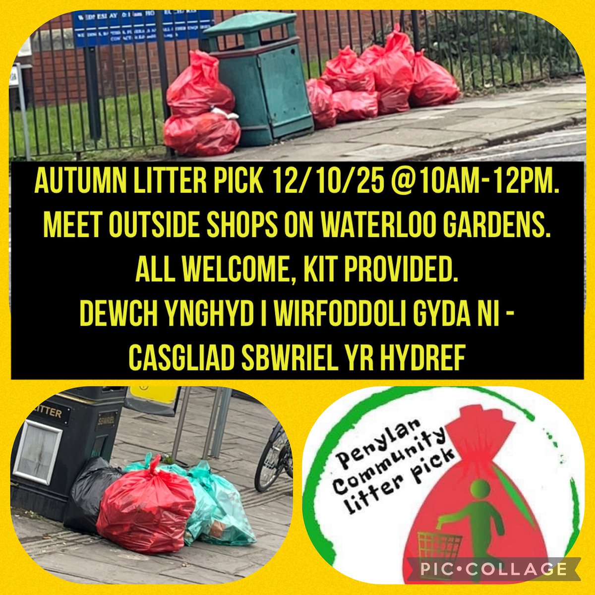 NEW MEETING POINT- Autumn litter pick 12/10/25 @10am-12pm. Meet outside shops on Waterloo Gardens.
All welcome, kit provided. 
Dewch ynghyd i wirfoddoli gyda ni - 
casgliad sbwriel yr Hydref <a href="/KeepWalesTidy/">Keep Tidy</a> <a href="/EcoSgolion/">CadwchGymru'nDaclus</a> <a href="/GwobrDCBroEd/">DugCaeredinBroEdern</a>