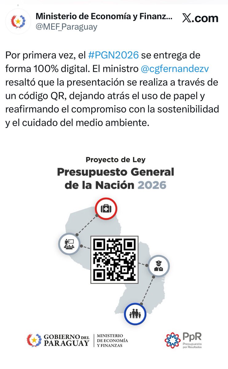 Hicimos entrega hoy del PGN 2026. Con el mismo, el Gobierno cumple y da por finalizado su plan de convergencia fiscal con un déficit estimado en 1,5% del PIB del año. Reafirmamos igualmente nuestro compromiso con el medio ambiente ya que la entrega fue con “papel cero” 🇵🇾🇵🇾🇵🇾