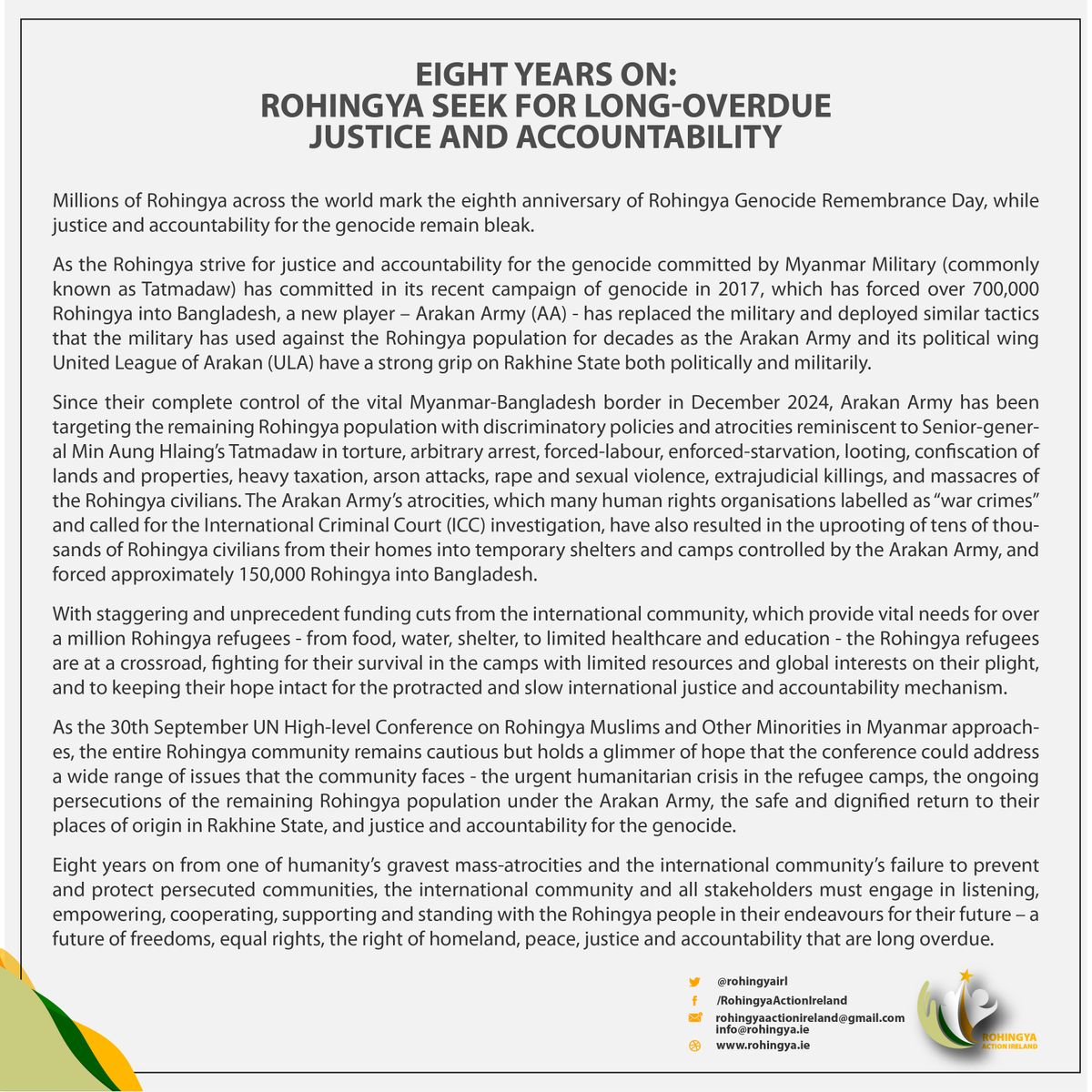 RohingyaIrl's tweet photo. Eight Years On: #Rohingya Seek for long-Overdue Justice, Accountability

Engage in listening, empowering, cooperating, supporting &amp; standing with Rohingya in their endeavours for their future – a future of freedoms, equal rights, right of homeland, peace, justice &amp; accountability https://t.co/jjVlS2P5L1